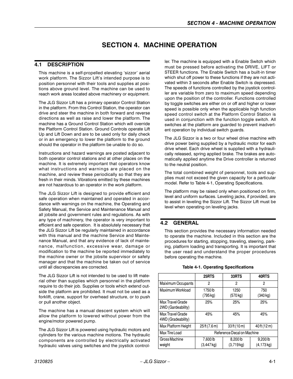 Section 4. machine operation, 1 description, 2 general | Section 4 - machine operation, Description -1, General -1, Operating specifications -1 | JLG 40RTS Operator Manual User Manual | Page 35 / 48