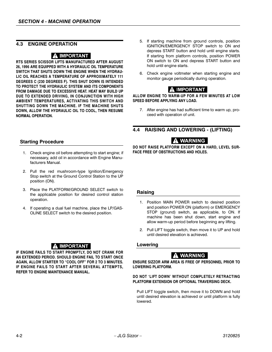 3 engine operation, Starting procedure, 4 raising and lowering - (lifting) | Raising, Lowering, Engine operation -2, Raising and lowering - (lifting) -2 | JLG 40RTS Operator Manual User Manual | Page 36 / 48