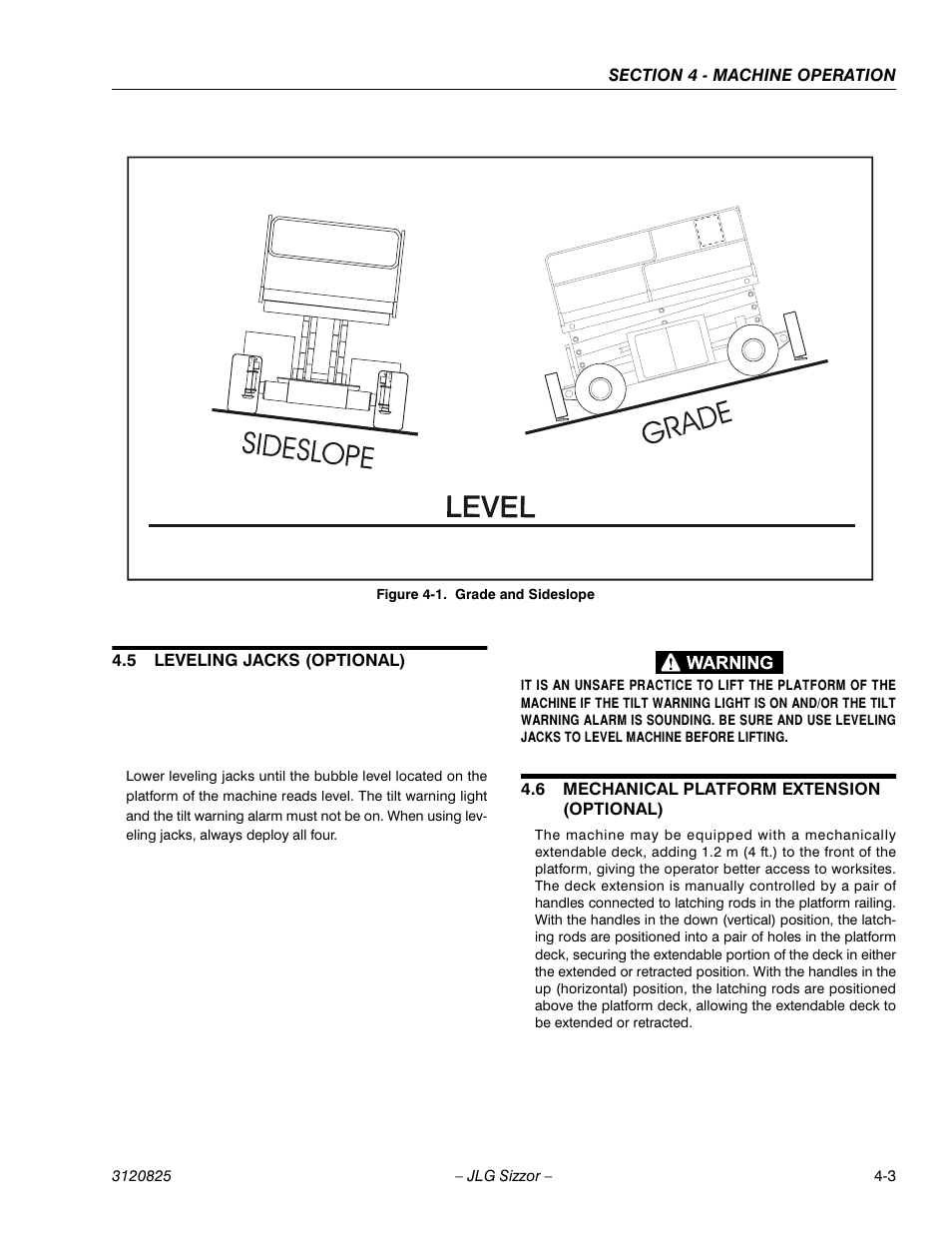 5 leveling jacks (optional), 6 mechanical platform extension (optional), Leveling jacks (optional) -3 | Mechanical platform extension (optional) -3, Grade and sideslope -3 | JLG 40RTS Operator Manual User Manual | Page 37 / 48