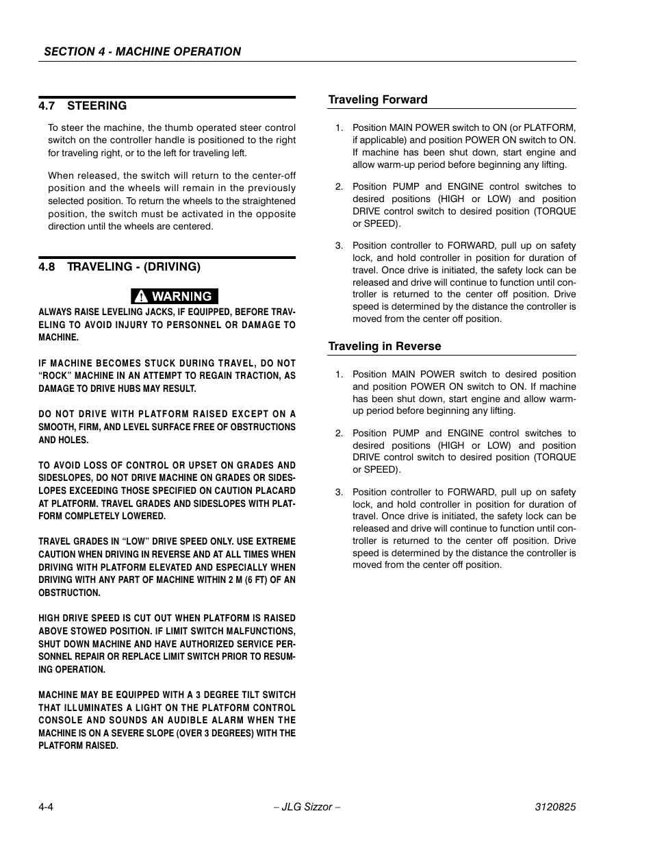 7 steering, 8 traveling - (driving), Traveling forward | Traveling in reverse, Steering -4, Traveling - (driving) -4 | JLG 40RTS Operator Manual User Manual | Page 38 / 48