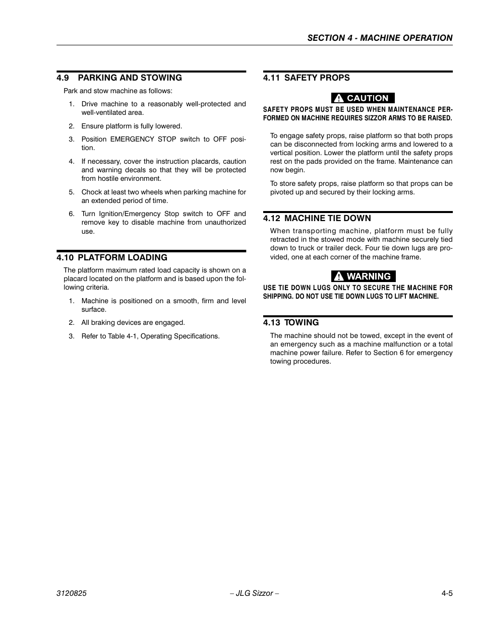 9 parking and stowing, 10 platform loading, 11 safety props | 12 machine tie down, 13 towing, Parking and stowing -5, Platform loading -5, Safety props -5, Machine tie down -5, Towing -5 | JLG 40RTS Operator Manual User Manual | Page 39 / 48