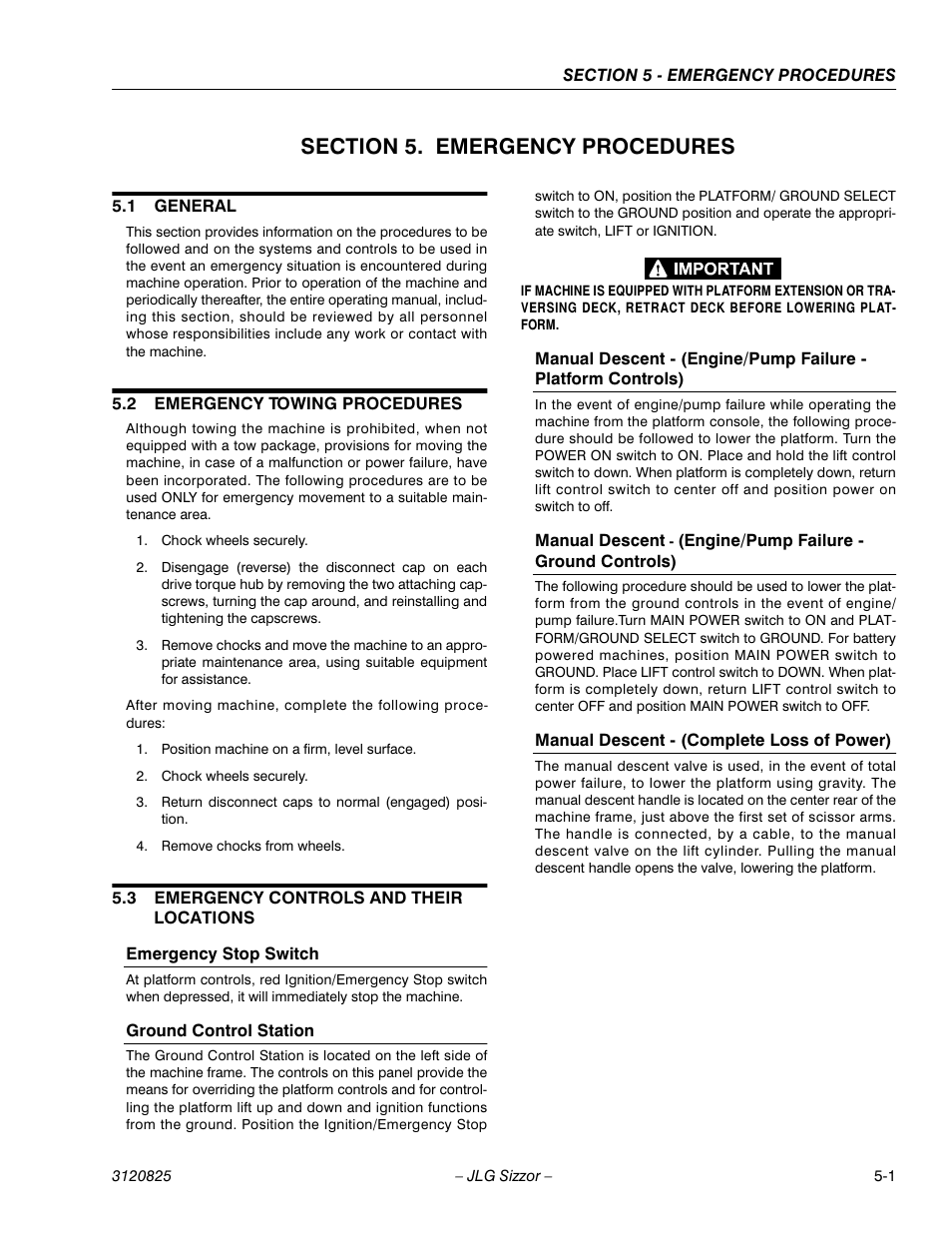 Section 5. emergency procedures, 1 general, 2 emergency towing procedures | 3 emergency controls and their locations, Emergency stop switch, Ground control station, Manual descent - (complete loss of power), Section 5 - emergency procedures, General -1, Emergency towing procedures -1 | JLG 40RTS Operator Manual User Manual | Page 41 / 48