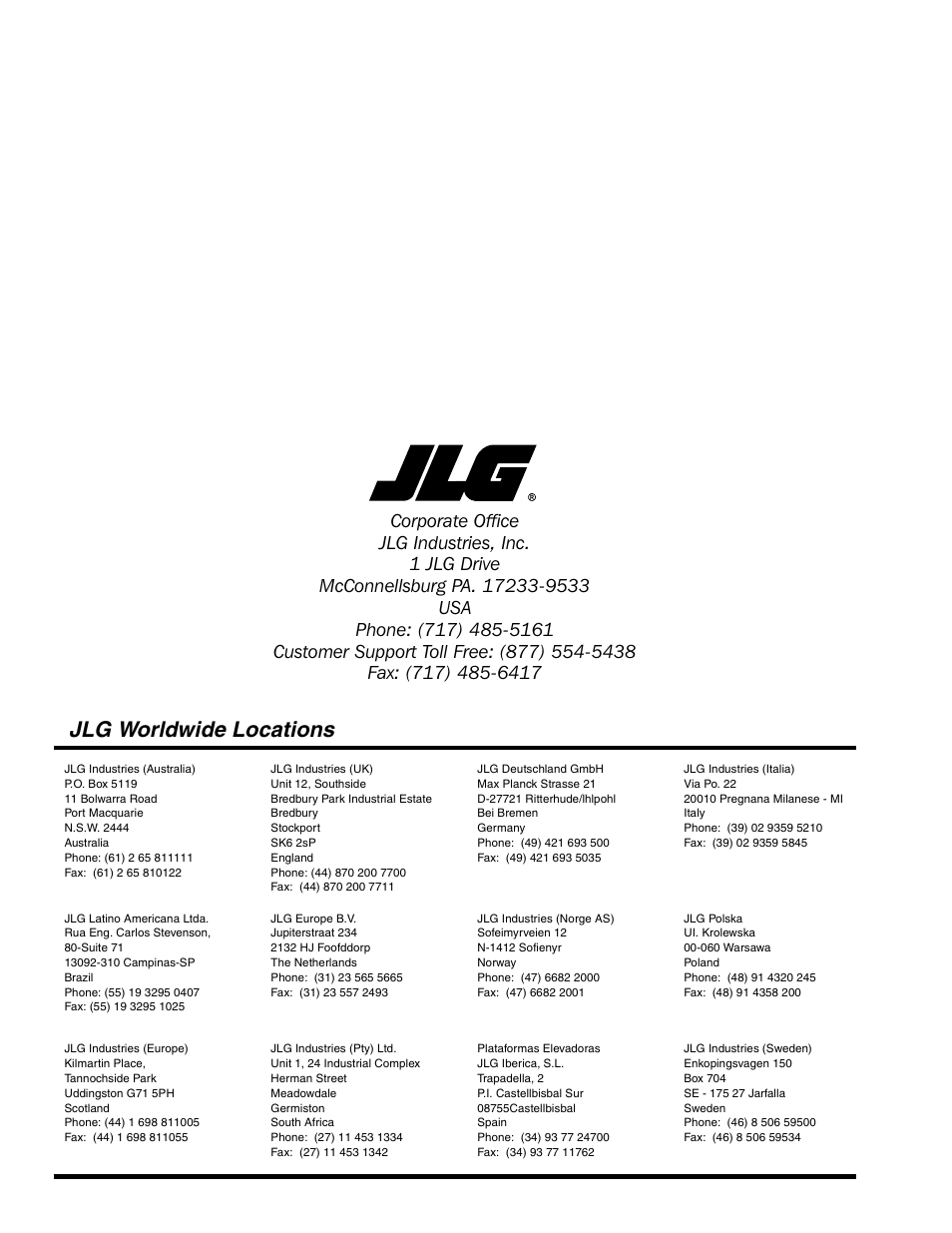 Jlg worldwide locations | JLG 40RTS Operator Manual User Manual | Page 48 / 48