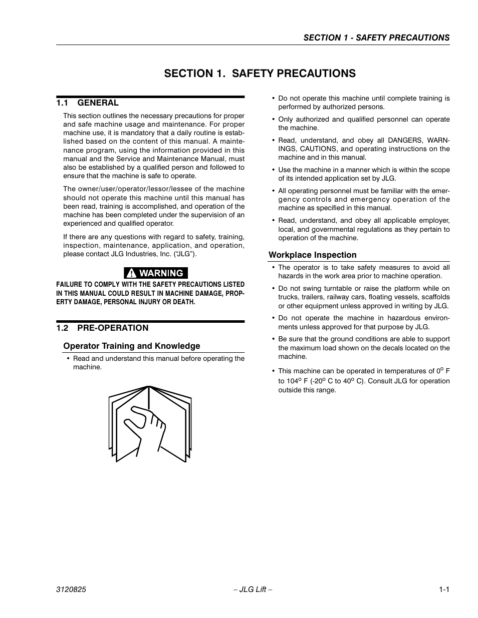 Section 1. safety precautions, 1 general, 2 pre-operation | Operator training and knowledge, Workplace inspection, Section 1 - safety precautions, General -1, Pre-operation -1 | JLG 40RTS Operator Manual User Manual | Page 9 / 48