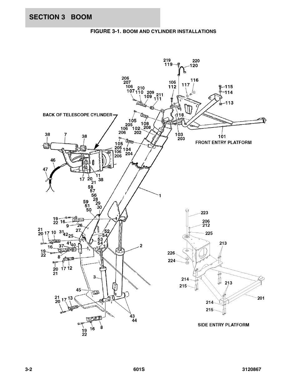 Figure 3-1. boom and cylinder installations | JLG 601S Parts Manual User Manual | Page 144 / 320