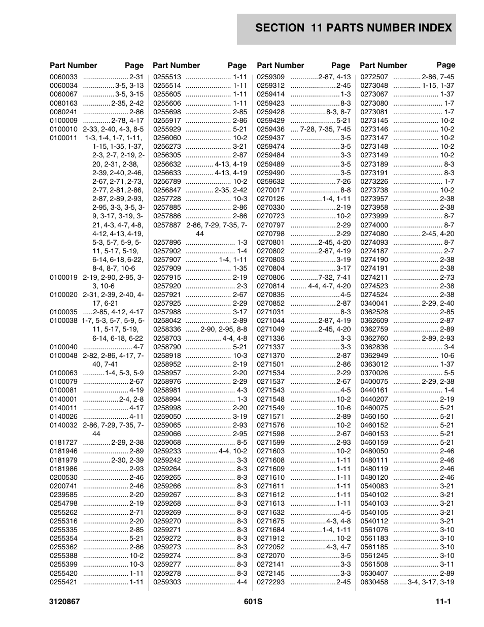Section 11 parts number index, 11 - parts number index -1 | JLG 601S Parts Manual User Manual | Page 307 / 320