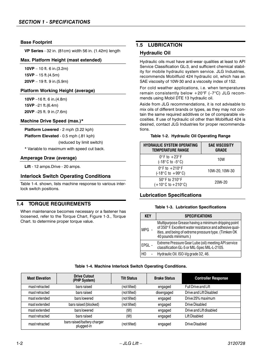 Base footprint, Max. platform height (mast extended), 10vp – 10 ft. 6 in. (3.2m) | 15vp – 15 ft. (4.5m), 20vp – 19 ft. 9 in. (5.9m), Platform working height (average), 10vp – 16 ft. 6 in. (4.8m), 15vp – 21 ft. (6.4m), 20vp – 25 ft. 9 in. (7.6m), Machine drive speed (max.) | JLG 20VP (3120728) Service Manual User Manual | Page 14 / 104