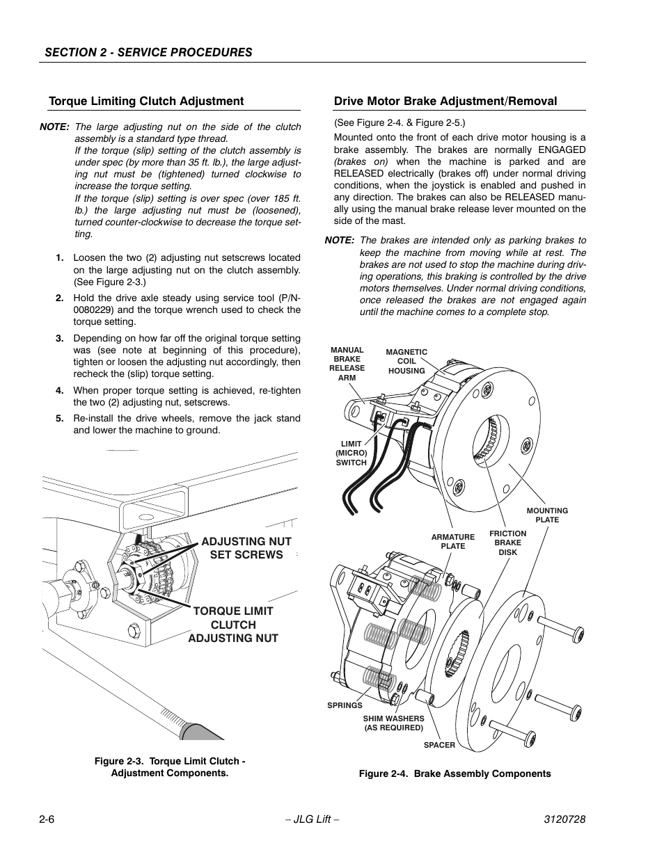 Torque limiting clutch adjustment, Drive motor brake adjustment/removal, See figure 2-4. & figure 2-5.) | Torque limit clutch - adjustment components -6, Brake assembly components -6 | JLG 20VP (3120728) Service Manual User Manual | Page 24 / 104