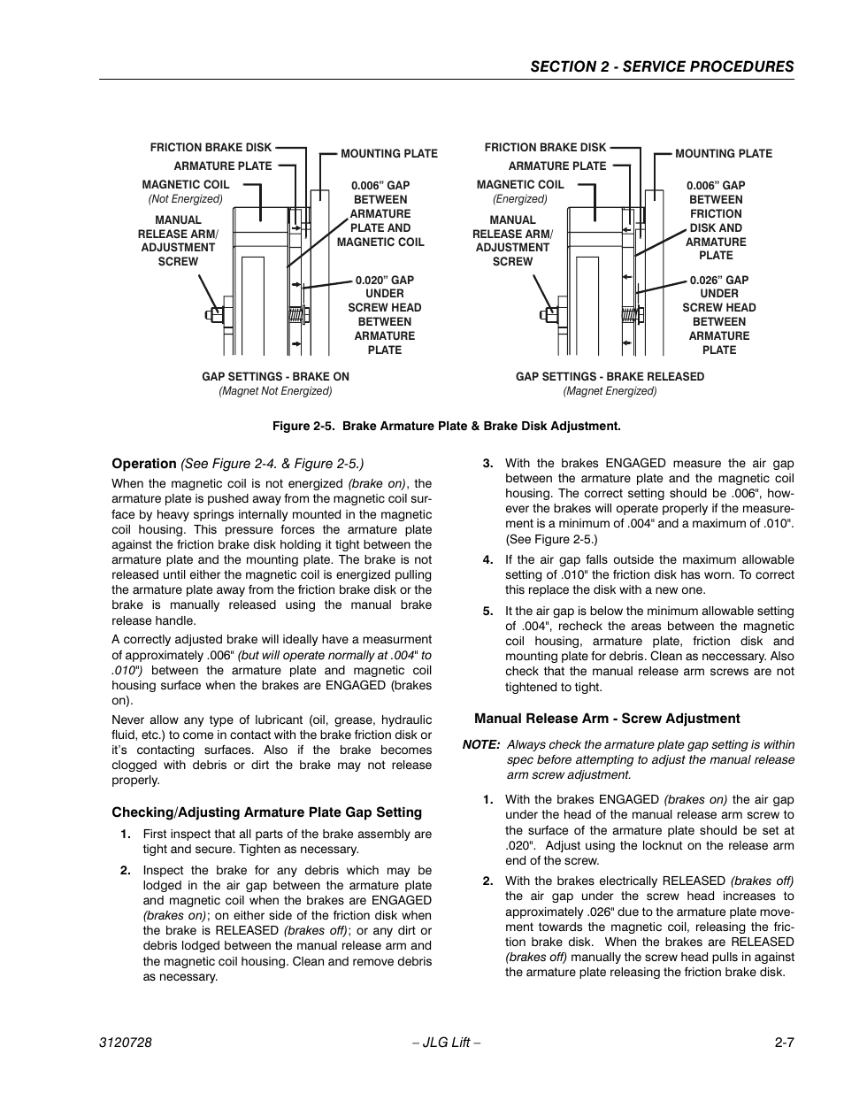 Operation (see figure 2-4. & figure 2-5.), Checking/adjusting armature plate gap setting, Manual release arm - screw adjustment | Brake armature plate & brake disk adjustment -7 | JLG 20VP (3120728) Service Manual User Manual | Page 25 / 104