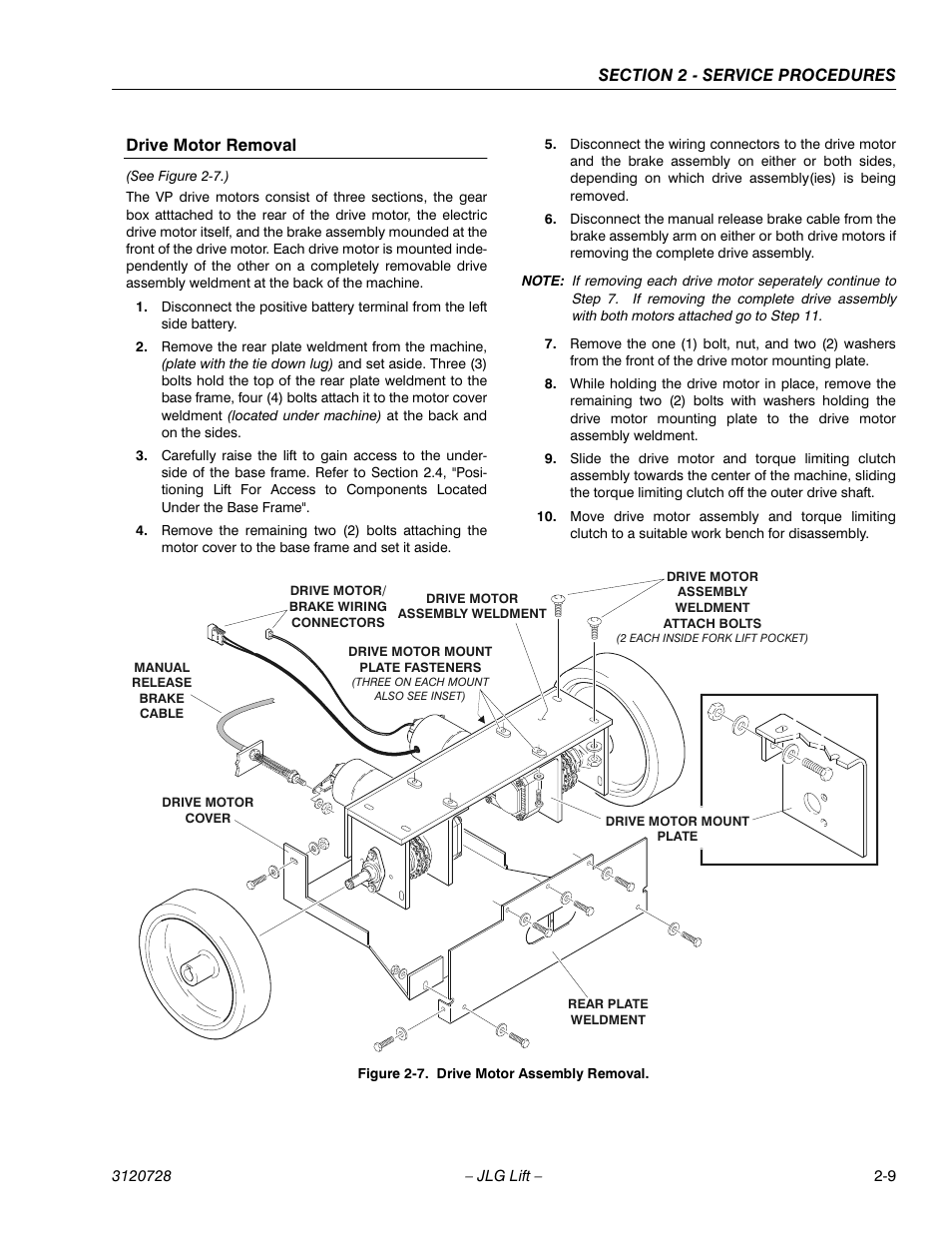 Drive motor removal, See figure 2-7.), Drive motor assembly removal -9 | JLG 20VP (3120728) Service Manual User Manual | Page 27 / 104