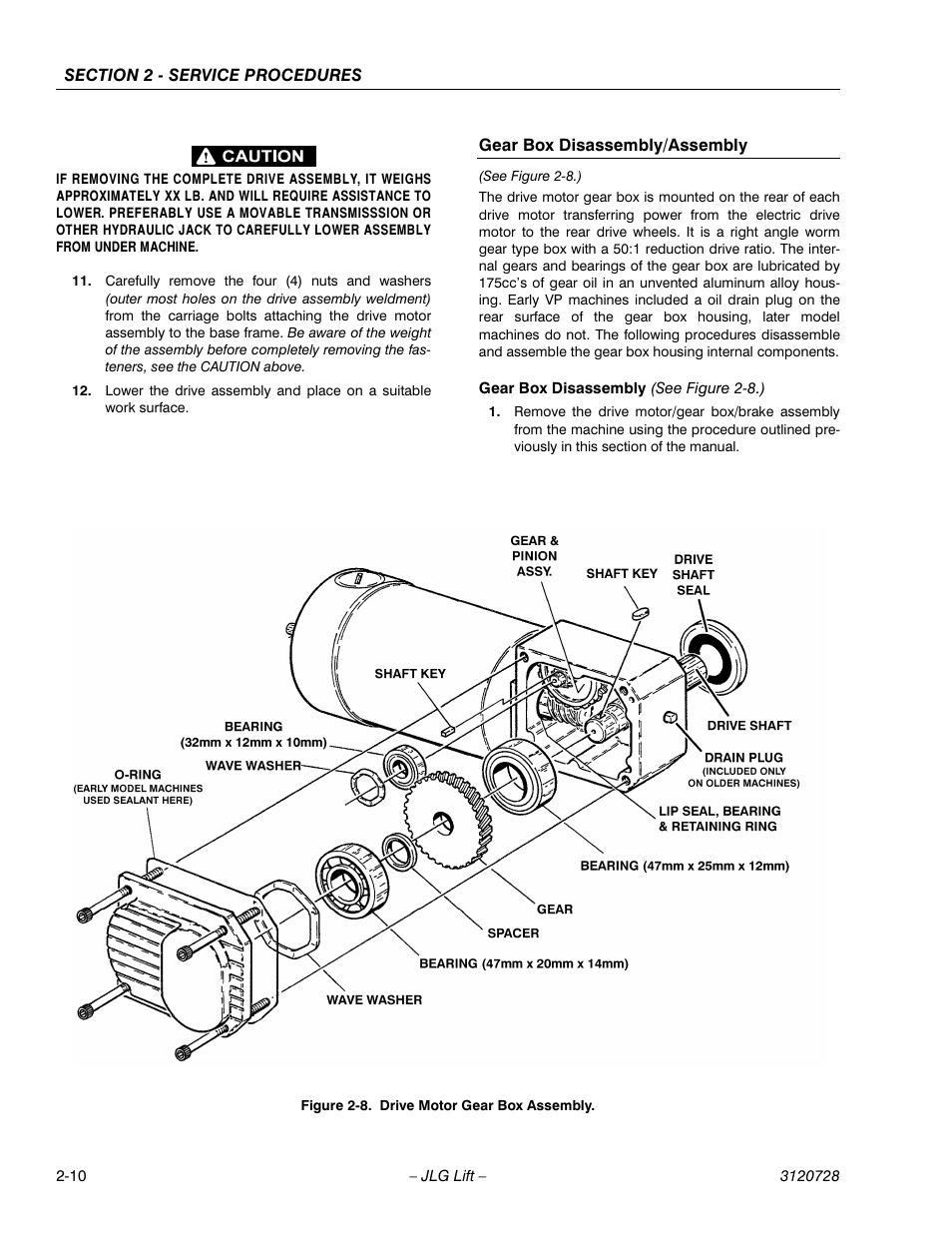 Gear box disassembly/assembly, See figure 2-8.), Gear box disassembly (see figure 2-8.) | Drive motor gear box assembly -10 | JLG 20VP (3120728) Service Manual User Manual | Page 28 / 104