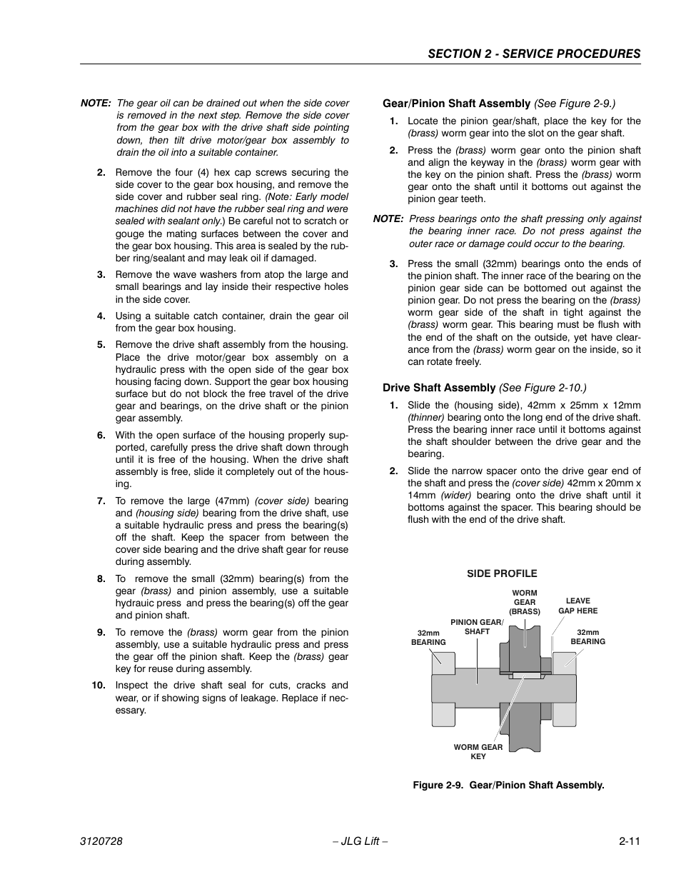 Gear/pinion shaft assembly (see figure 2-9.), Drive shaft assembly (see figure 2-10.), Gear/pinion shaft assembly -11 | JLG 20VP (3120728) Service Manual User Manual | Page 29 / 104