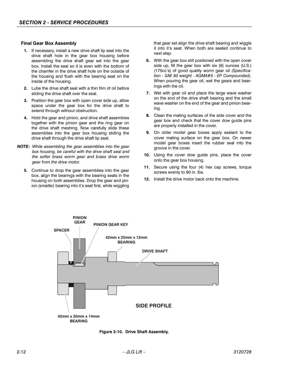 Final gear box assembly, Install the drive motor back onto the machine, Drive shaft assembly -12 | JLG 20VP (3120728) Service Manual User Manual | Page 30 / 104