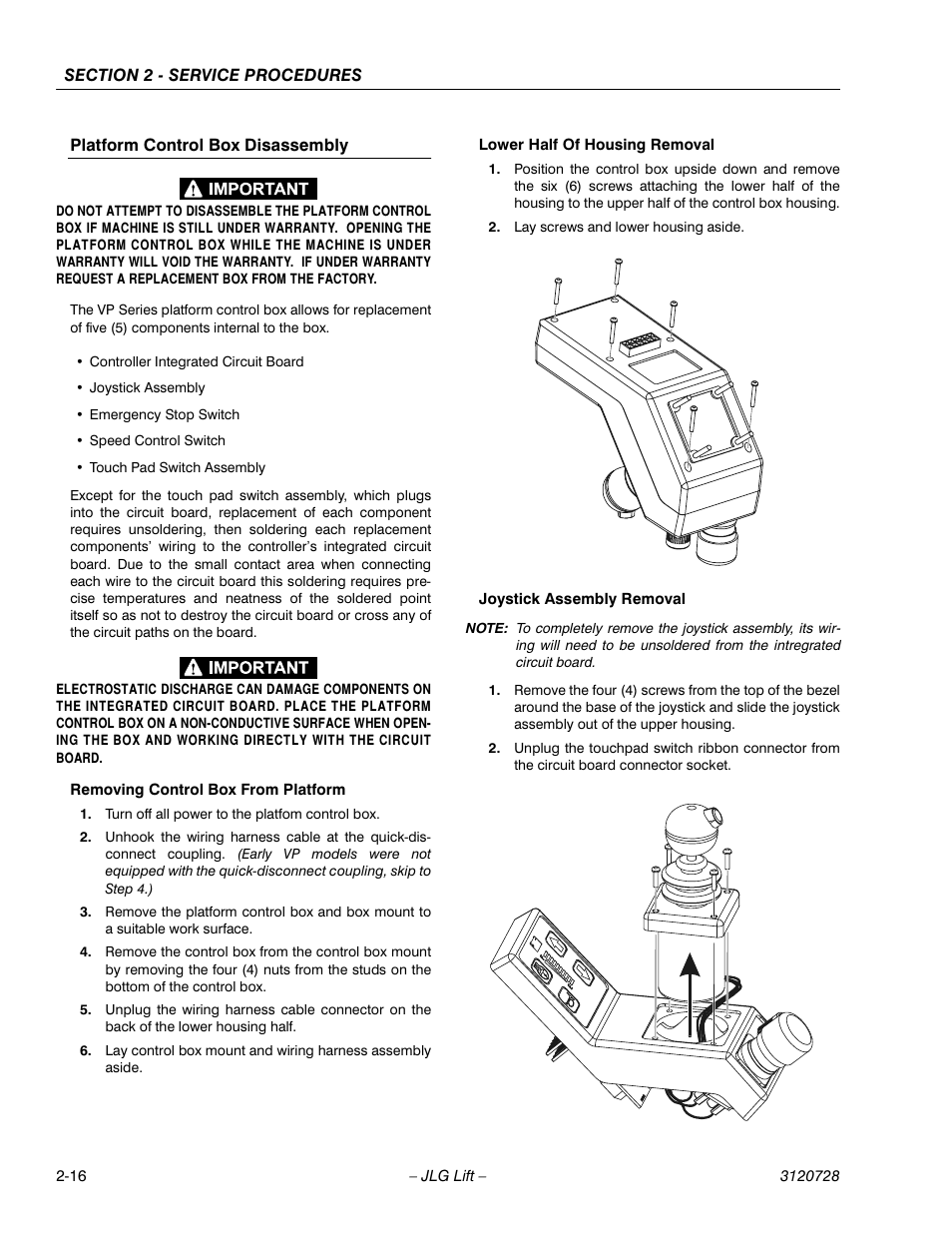 Platform control box disassembly, Removing control box from platform, Turn off all power to the platfom control box | Lower half of housing removal, Lay screws and lower housing aside, Joystick assembly removal | JLG 20VP (3120728) Service Manual User Manual | Page 34 / 104