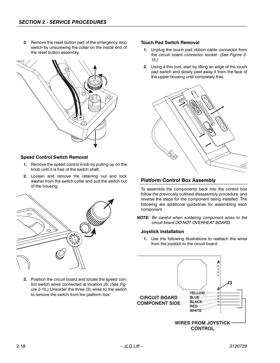 Speed control switch removal, Touch pad switch removal, Platform control box assembly | Joystick installation | JLG 20VP (3120728) Service Manual User Manual | Page 36 / 104