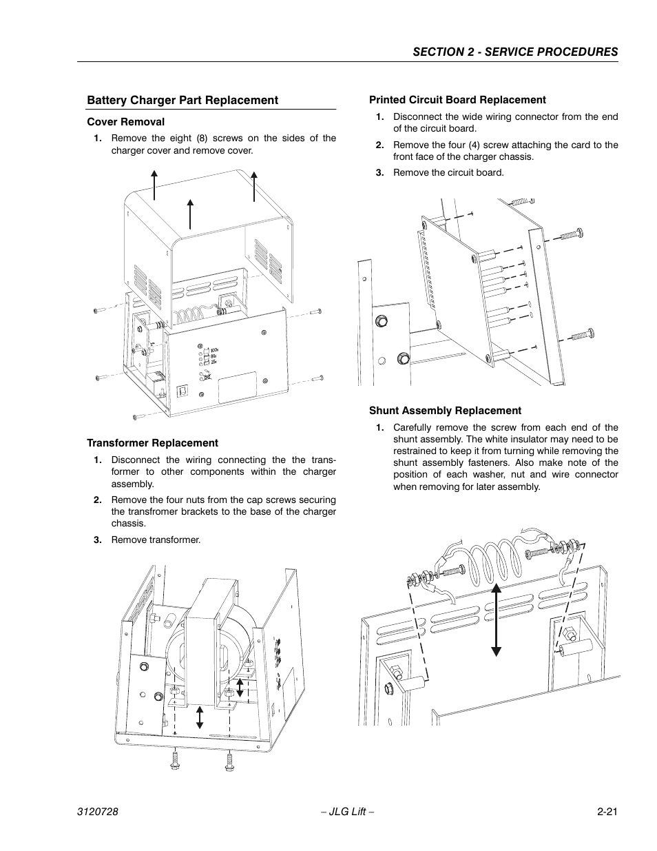 Battery charger part replacement, Cover removal, Transformer replacement | Remove transformer, Printed circuit board replacement, Remove the circuit board, Shunt assembly replacement | JLG 20VP (3120728) Service Manual User Manual | Page 39 / 104
