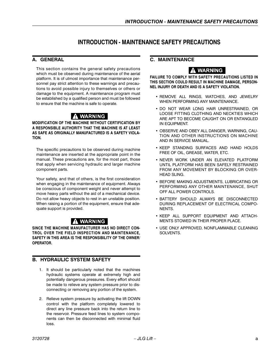Introduction - maintenance safety precautions, A. general, B. hydraulic system safety | C. maintenance | JLG 20VP (3120728) Service Manual User Manual | Page 5 / 104