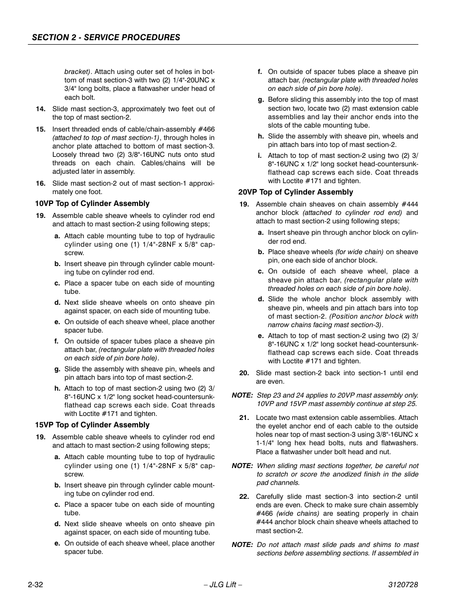10vp top of cylinder assembly, 15vp top of cylinder assembly, 20vp top of cylinder assembly | JLG 20VP (3120728) Service Manual User Manual | Page 50 / 104