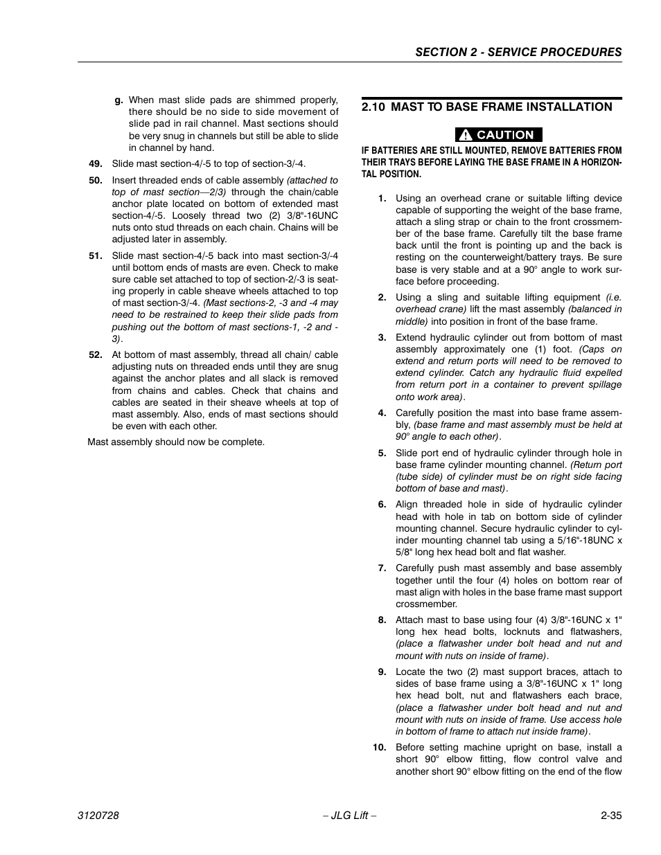 Slide mast section-4/-5 to top of section-3/-4, Mast assembly should now be complete, 10 mast to base frame installation | Mast to base frame installation -35 | JLG 20VP (3120728) Service Manual User Manual | Page 53 / 104