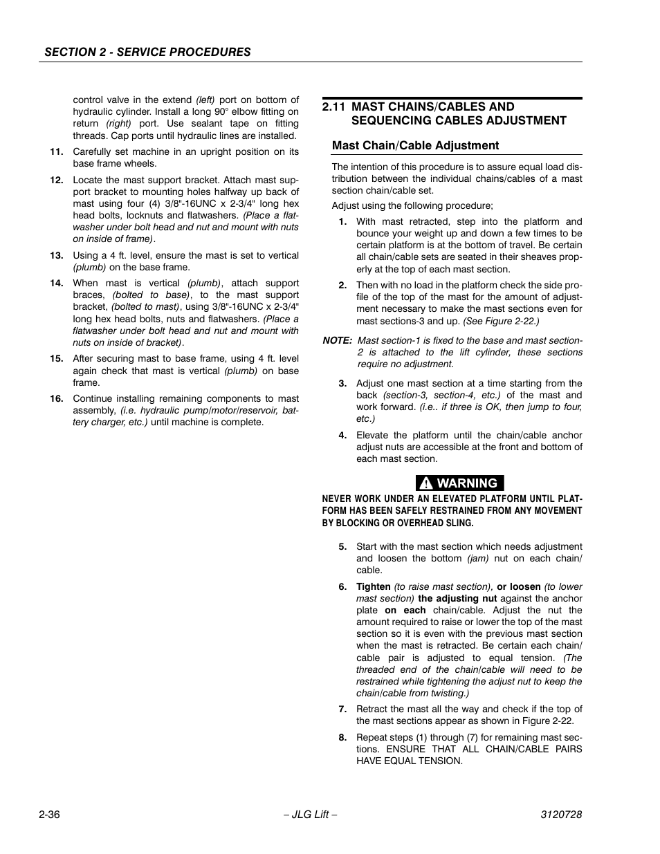 Mast chain/cable adjustment, Adjust using the following procedure | JLG 20VP (3120728) Service Manual User Manual | Page 54 / 104