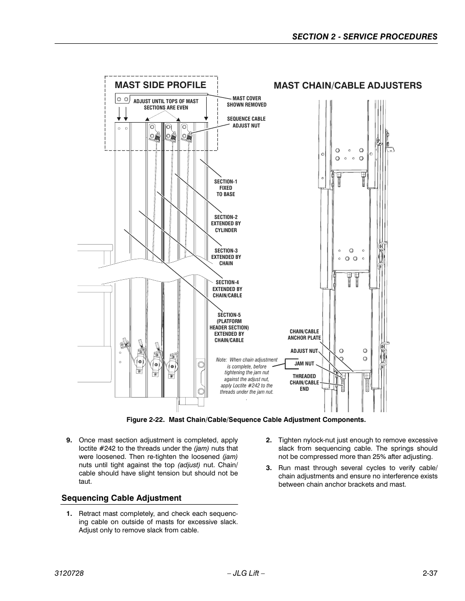 Sequencing cable adjustment, Mast side profile mast chain/cable adjusters | JLG 20VP (3120728) Service Manual User Manual | Page 55 / 104