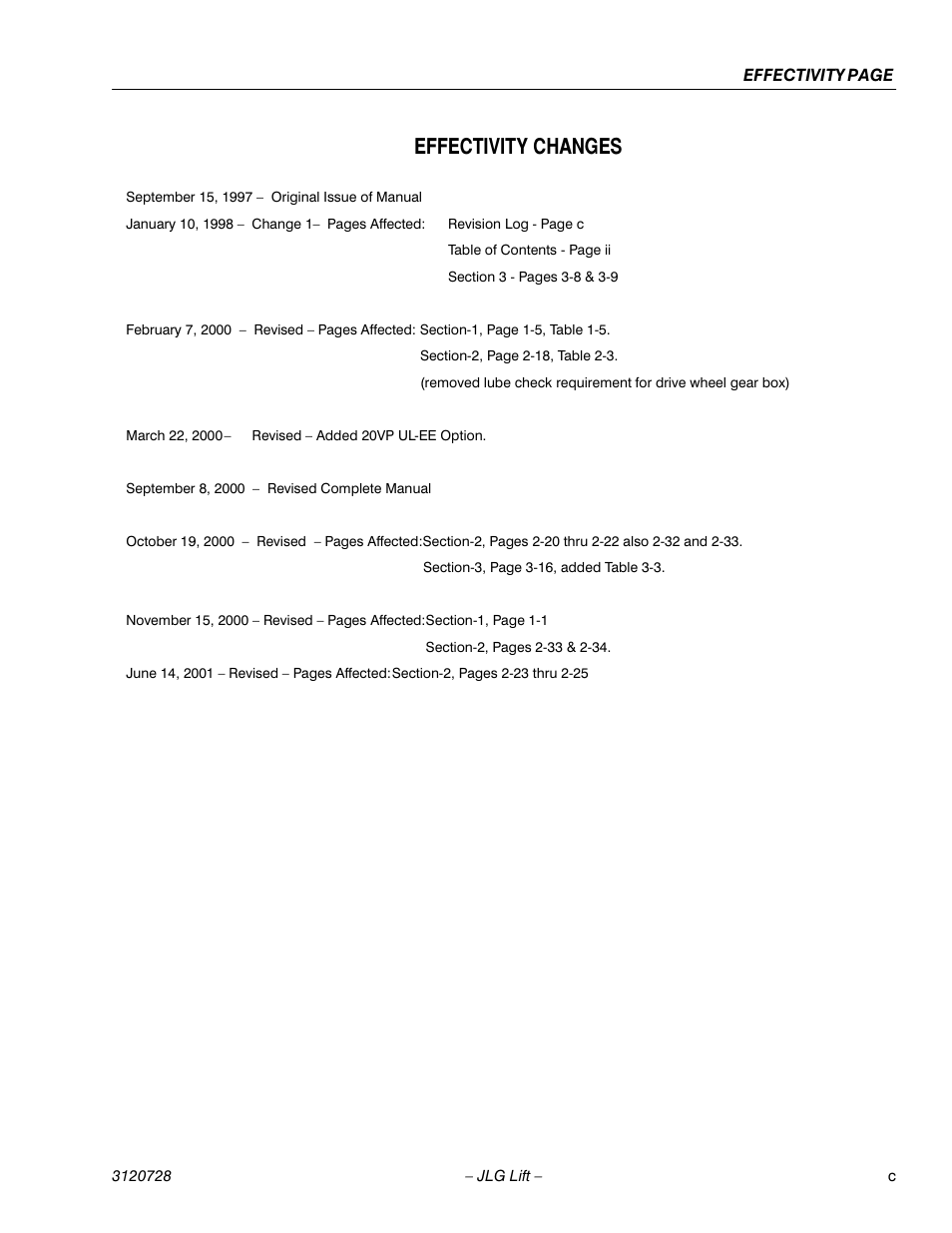 Effectivity changes | JLG 20VP (3120728) Service Manual User Manual | Page 7 / 104