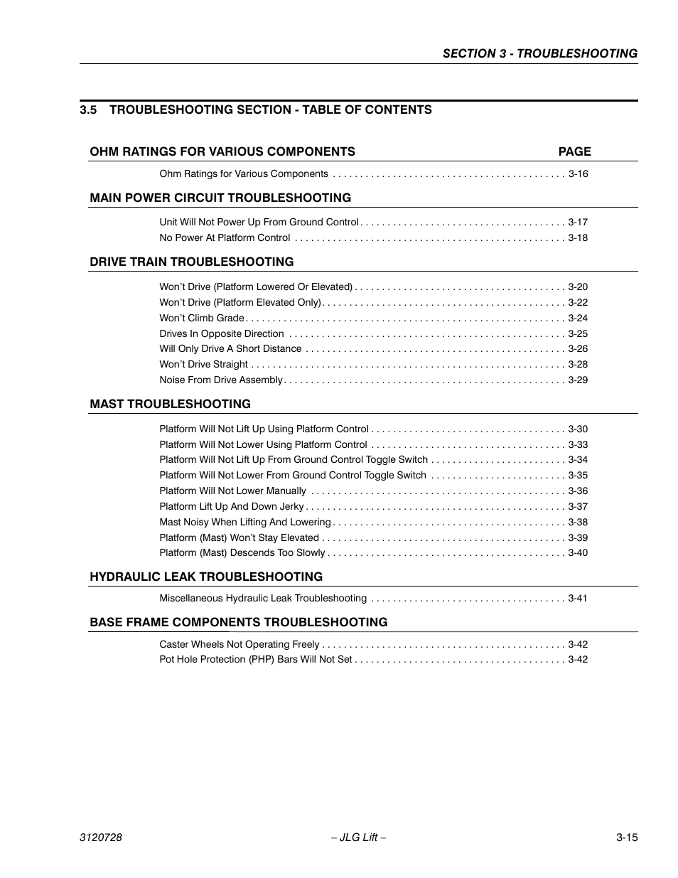 5 troubleshooting section - table of contents, Ohm ratings for various components 3-16, Main power circuit troubleshooting | Unit will not power up from ground control 3-17, No power at platform control 3-18, Drive train troubleshooting, Won’t drive (platform lowered or elevated) 3-20, Won’t drive (platform elevated only) 3-22, Won’t climb grade 3-24, Drives in opposite direction 3-25 | JLG 20VP (3120728) Service Manual User Manual | Page 75 / 104