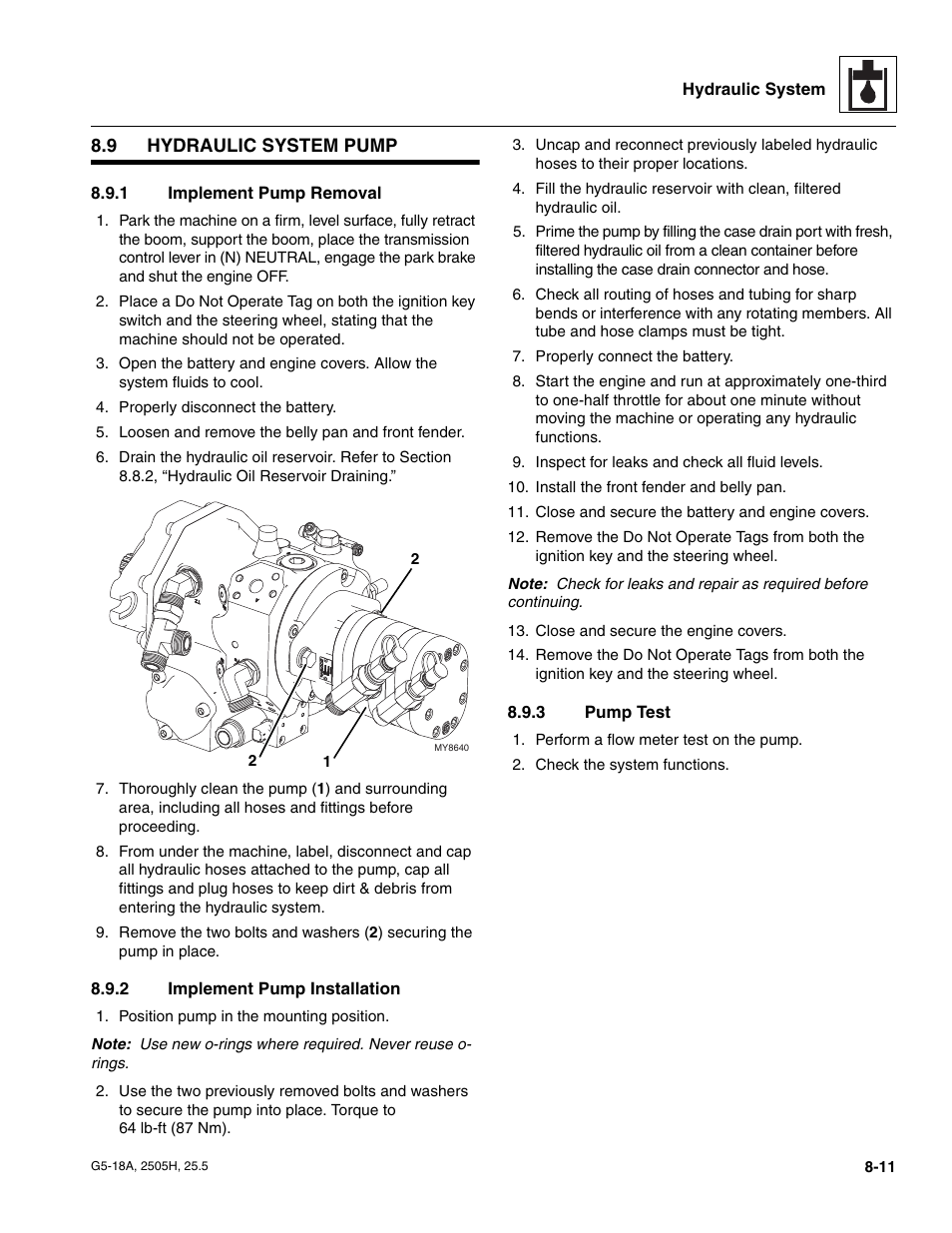 9 hydraulic system pump, 1 implement pump removal, 2 implement pump installation | 3 pump test, Hydraulic system pump, Implement pump removal, Implement pump installation, Pump test | JLG G5-18A Service Manual User Manual | Page 101 / 180