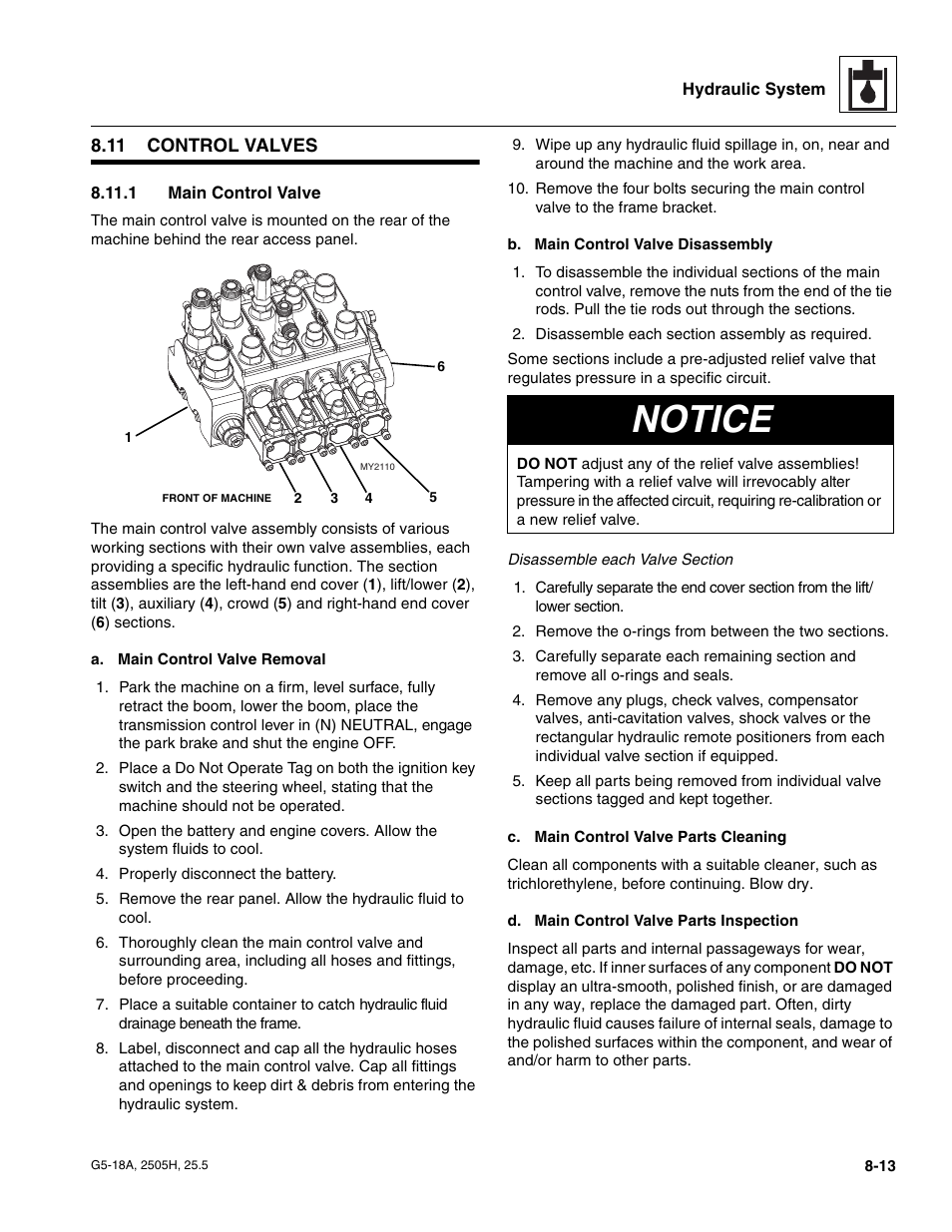 11 control valves, 1 main control valve, Control valves | Main control valve, Notice | JLG G5-18A Service Manual User Manual | Page 103 / 180