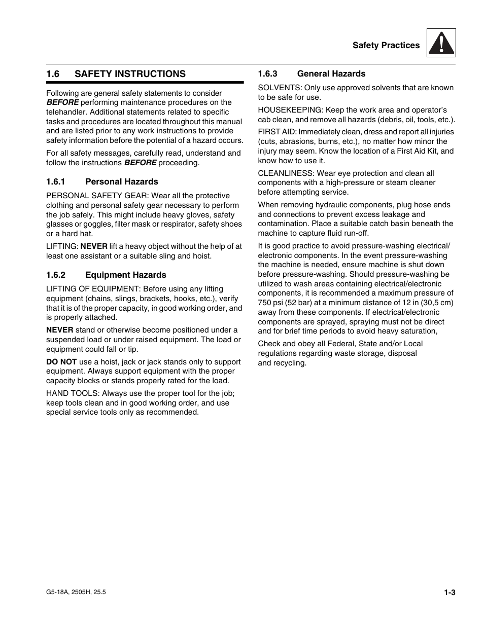 6 safety instructions, 1 personal hazards, 2 equipment hazards | 3 general hazards, Safety instructions, Personal hazards, Equipment hazards, General hazards | JLG G5-18A Service Manual User Manual | Page 11 / 180