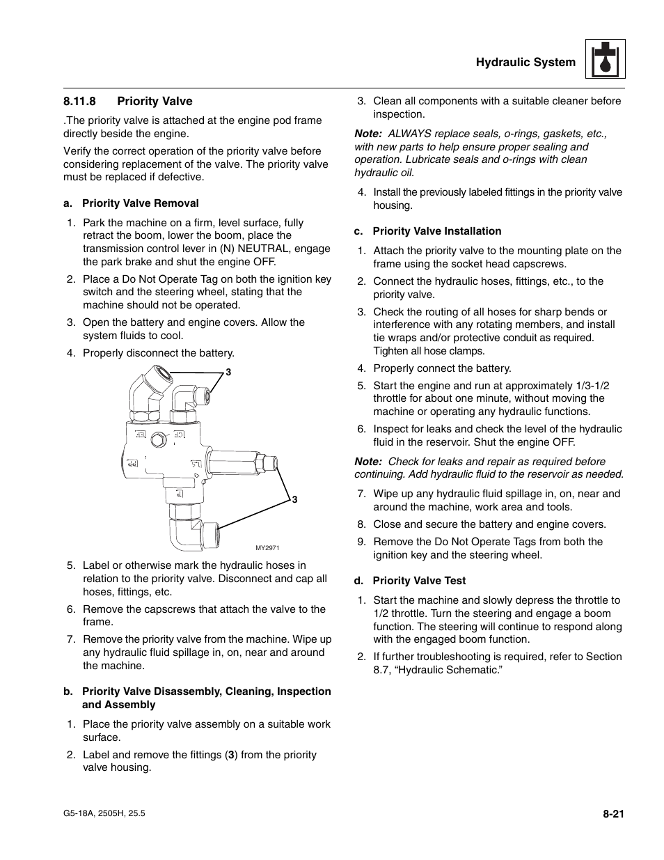 8 priority valve, Priority valve | JLG G5-18A Service Manual User Manual | Page 111 / 180