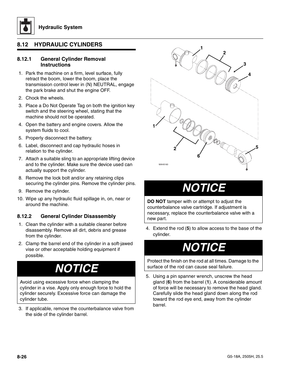 12 hydraulic cylinders, 1 general cylinder removal instructions, 2 general cylinder disassembly | Hydraulic cylinders, To section, 12, “hydraulic cylinders, Section 8.12, “hydraulic cylinders, General cylinder removal instructions, General cylinder disassembly, Notice | JLG G5-18A Service Manual User Manual | Page 116 / 180