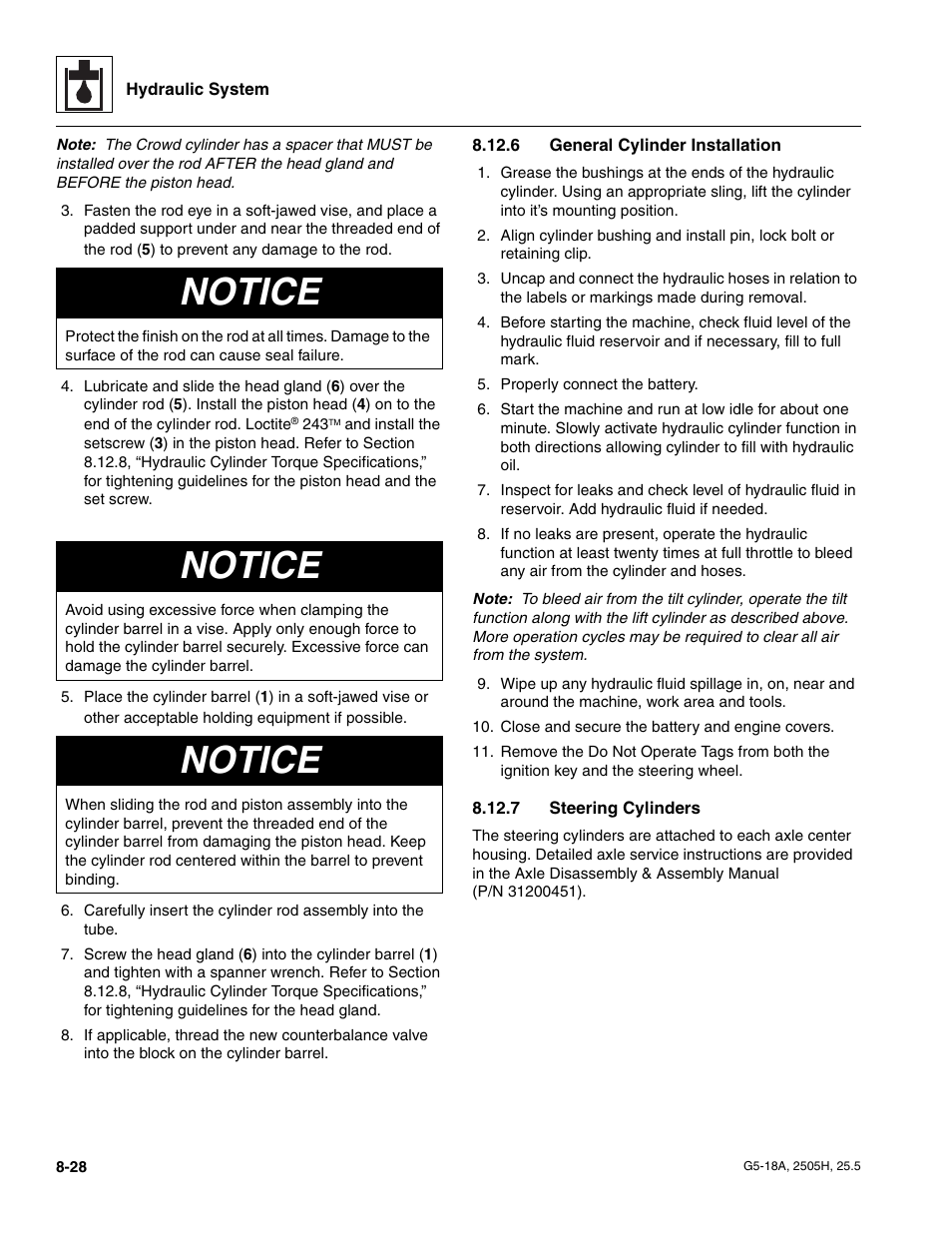 6 general cylinder installation, 7 steering cylinders, General cylinder installation | Steering cylinders, Notice | JLG G5-18A Service Manual User Manual | Page 118 / 180