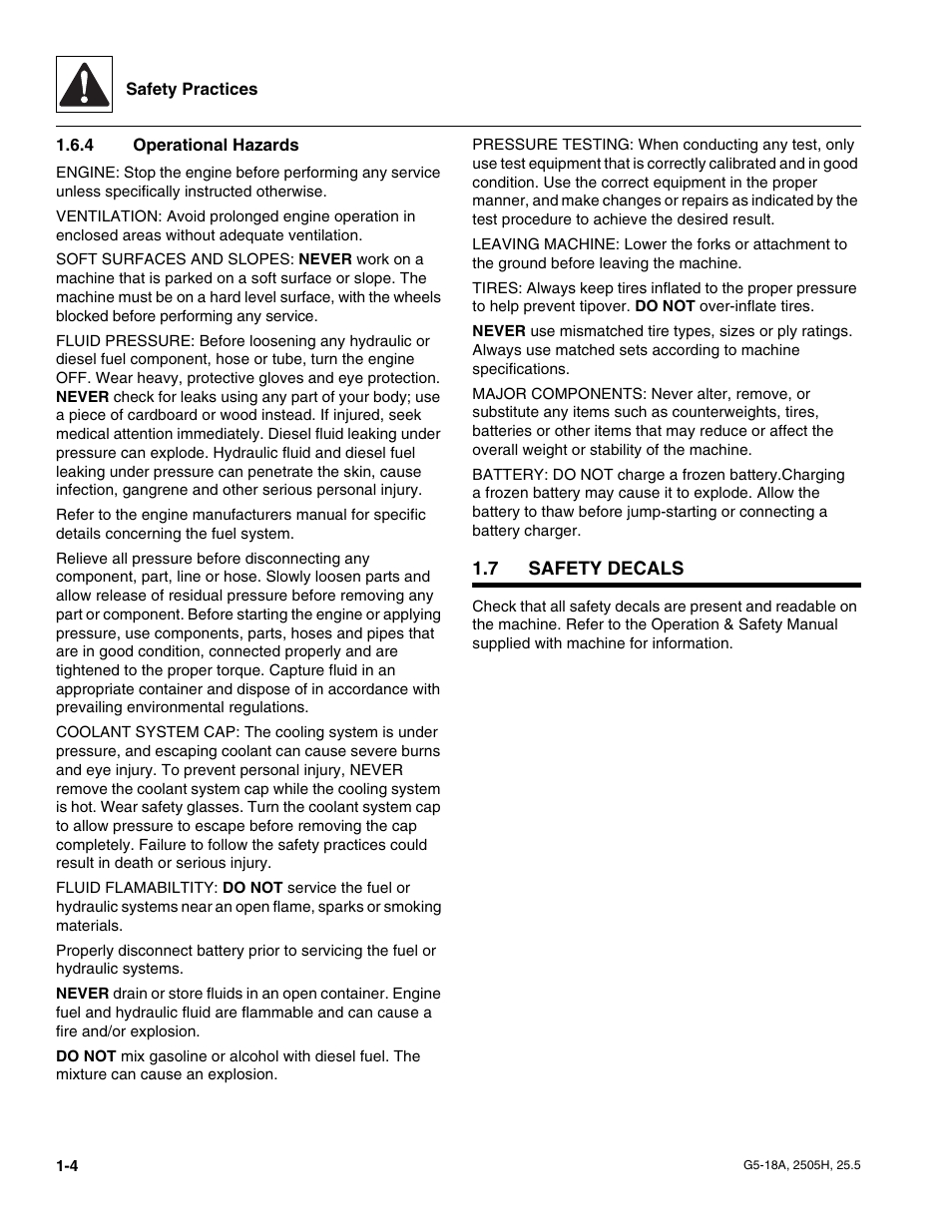 4 operational hazards, 7 safety decals, Safety decals | Operational hazards | JLG G5-18A Service Manual User Manual | Page 12 / 180