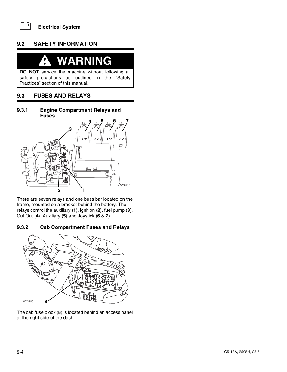 2 safety information, 3 fuses and relays, 1 engine compartment relays and fuses | 2 cab compartment fuses and relays, Safety information, Fuses and relays, Engine compartment relays and fuses, Cab compartment fuses and relays, Warning | JLG G5-18A Service Manual User Manual | Page 124 / 180
