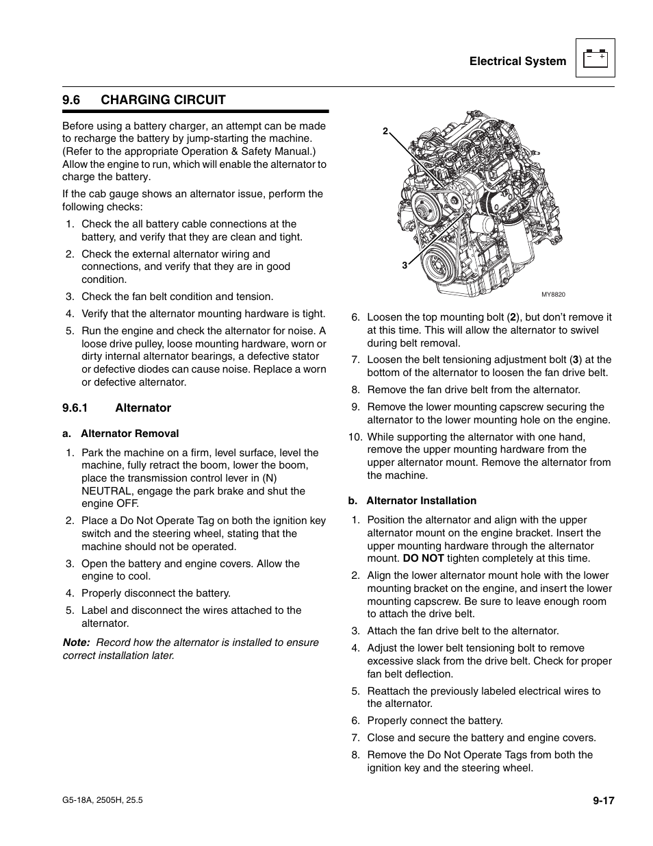 6 charging circuit, 1 alternator, Charging circuit | Alternator | JLG G5-18A Service Manual User Manual | Page 137 / 180