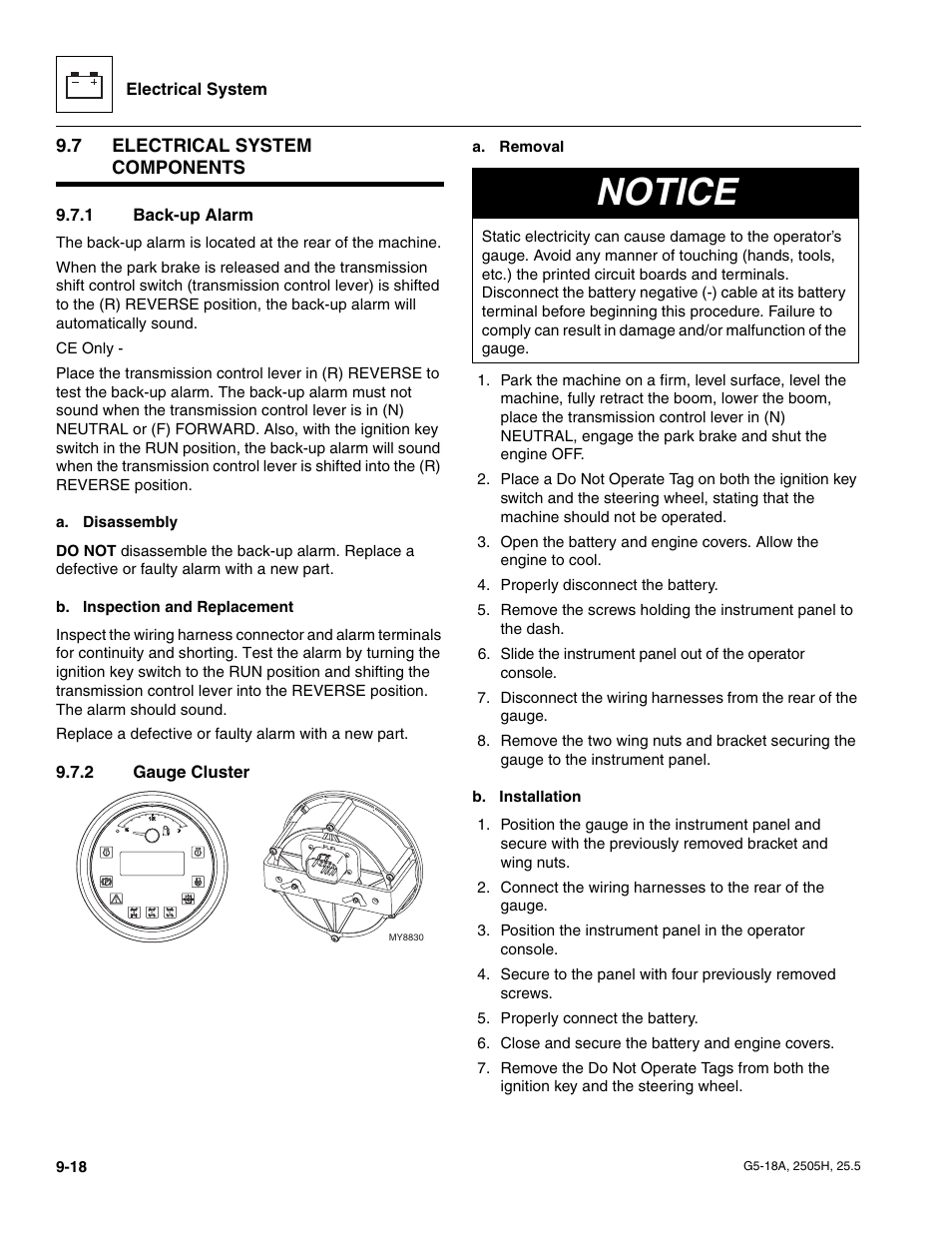 7 electrical system components, 1 back-up alarm, 2 gauge cluster | Electrical system components, Back-up alarm, Gauge cluster, Notice | JLG G5-18A Service Manual User Manual | Page 138 / 180