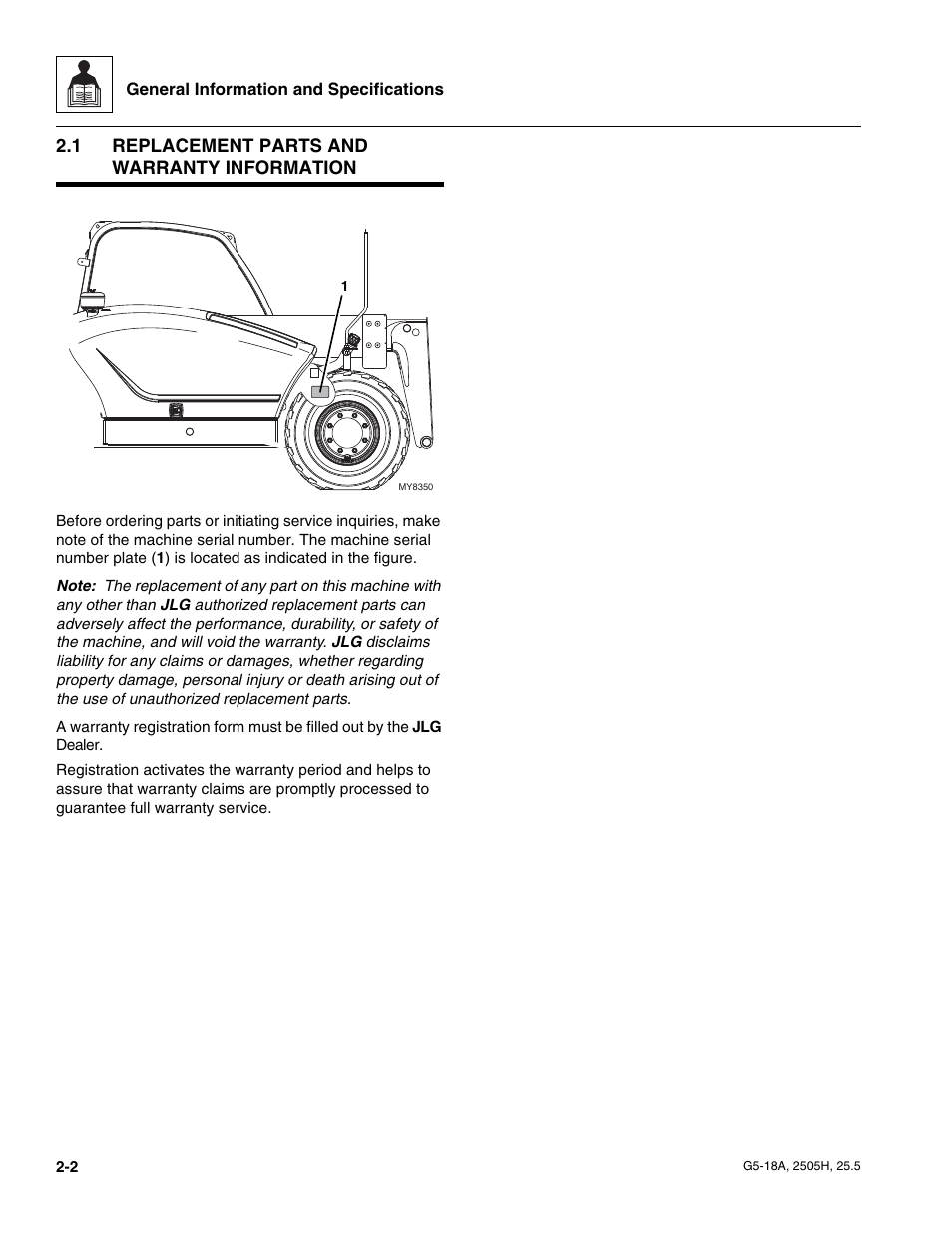 1 replacement parts and warranty information, Replacement parts and warranty information | JLG G5-18A Service Manual User Manual | Page 14 / 180