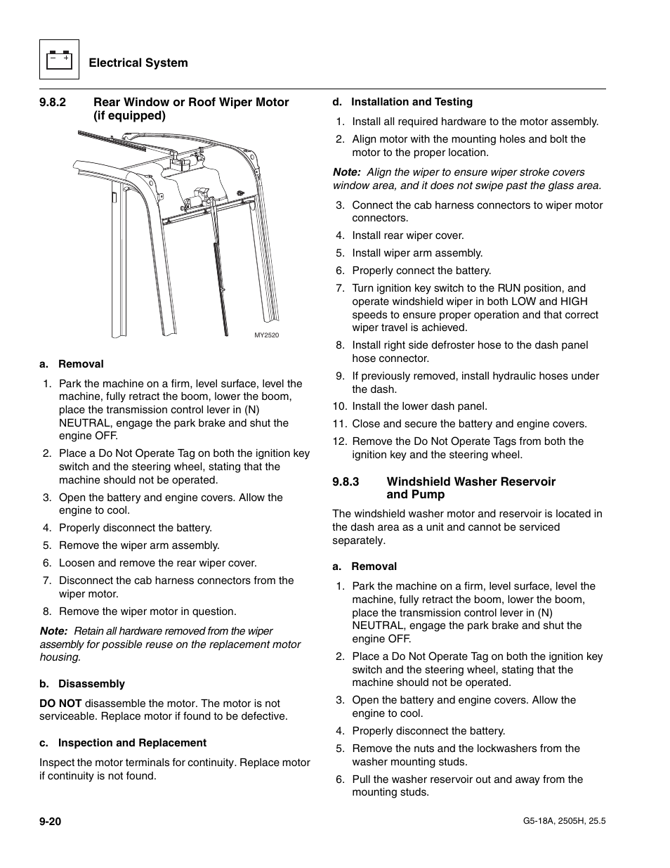 2 rear window or roof wiper motor (if equipped), 3 windshield washer reservoir and pump, Rear window or roof wiper motor (if equipped) | Windshield washer reservoir and pump | JLG G5-18A Service Manual User Manual | Page 140 / 180