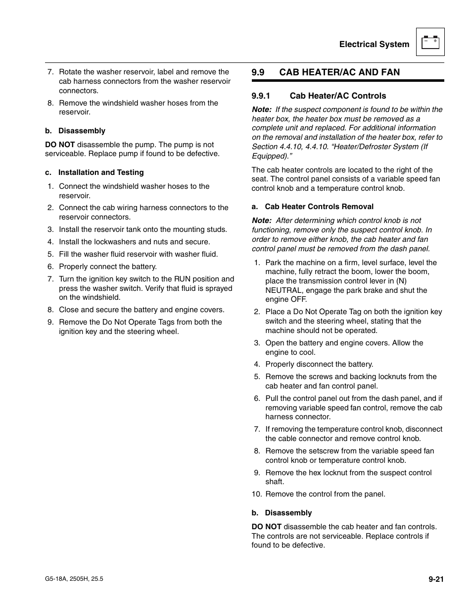 9 cab heater/ac and fan, 1 cab heater/ac controls, Cab heater/ac and fan | Cab heater/ac controls | JLG G5-18A Service Manual User Manual | Page 141 / 180