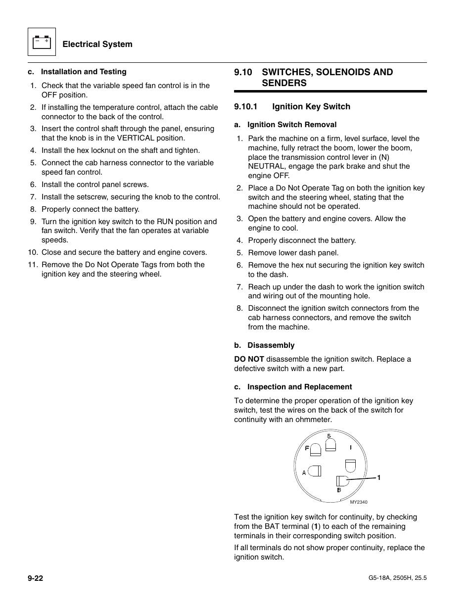 10 switches, solenoids and senders, 1 ignition key switch, Switches, solenoids and senders | Ignition key switch | JLG G5-18A Service Manual User Manual | Page 142 / 180