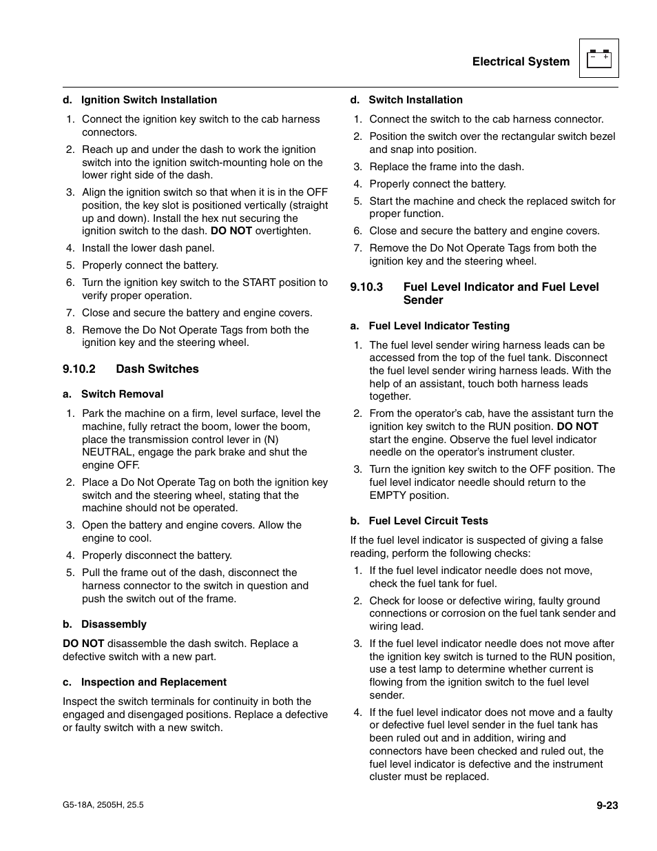 2 dash switches, 3 fuel level indicator and fuel level sender, Dash switches | Fuel level indicator and fuel level sender | JLG G5-18A Service Manual User Manual | Page 143 / 180