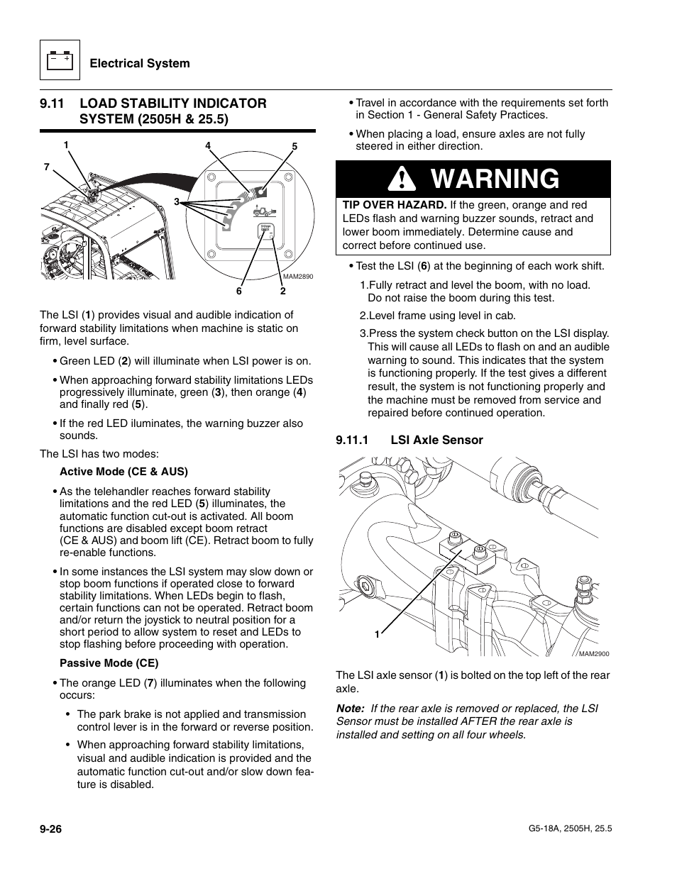 11 load stability indicator system (2505h & 25.5), 1 lsi axle sensor, Load stability indicator system (2505h & 25.5) | Lsi axle sensor, Warning | JLG G5-18A Service Manual User Manual | Page 146 / 180