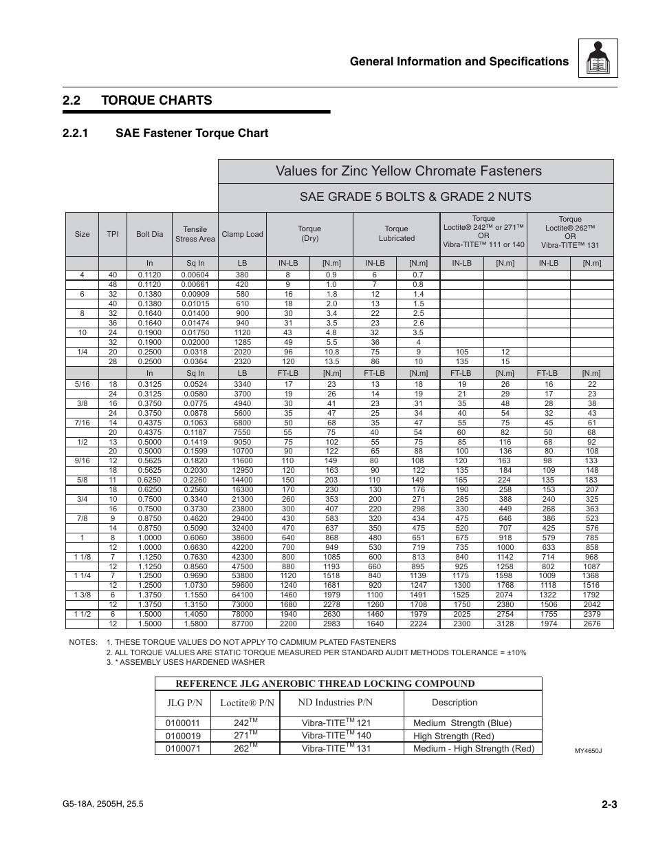 2 torque charts, 1 sae fastener torque chart, Torque charts | Sae fastener torque chart, Values for zinc yellow chromate fasteners, General information and specifications, Sae grade 5 bolts & grade 2 nuts | JLG G5-18A Service Manual User Manual | Page 15 / 180