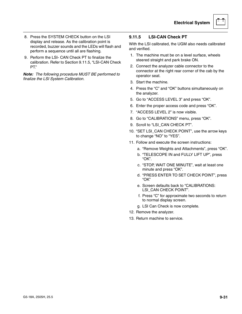 5 lsi-can check pt, Lsi-can check pt, R to section 9.11.5, “lsi-can check pt | JLG G5-18A Service Manual User Manual | Page 151 / 180