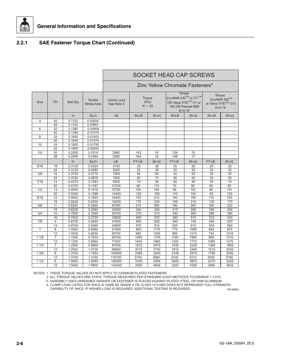 Socket head cap screws, General information and specifications, 1 sae fastener torque chart (continued) | Zinc yellow chromate fasteners | JLG G5-18A Service Manual User Manual | Page 18 / 180