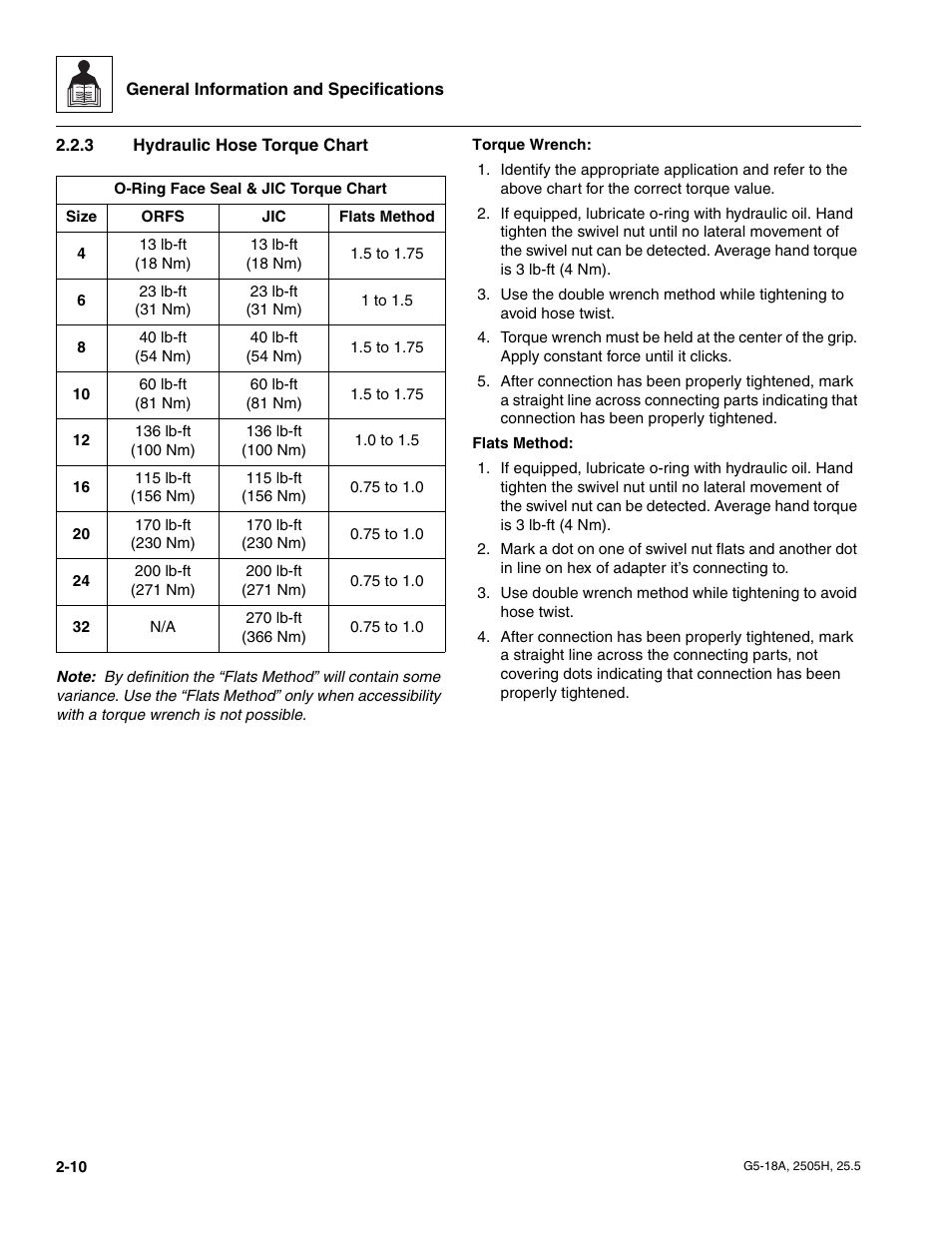 3 hydraulic hose torque chart, Hydraulic hose torque chart | JLG G5-18A Service Manual User Manual | Page 22 / 180