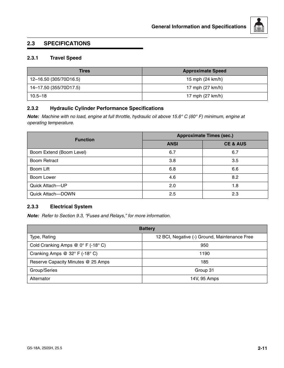 3 specifications, 1 travel speed, 2 hydraulic cylinder performance specifications | 3 electrical system, Specifications, Travel speed, Hydraulic cylinder performance specifications, Electrical system | JLG G5-18A Service Manual User Manual | Page 23 / 180