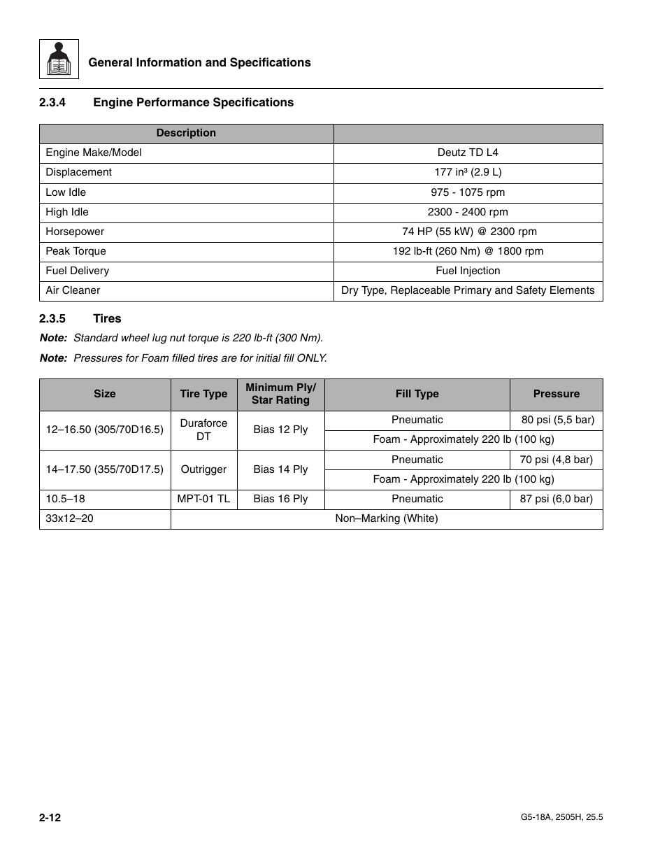 4 engine performance specifications, 5 tires, Engine performance specifications | Tires | JLG G5-18A Service Manual User Manual | Page 24 / 180