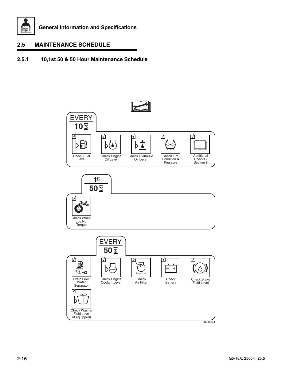 5 maintenance schedule, 1 10,1st 50 & 50 hour maintenance schedule, Maintenance schedule | 10,1st 50 & 50 hour maintenance schedule, Every, General information and specifications | JLG G5-18A Service Manual User Manual | Page 28 / 180